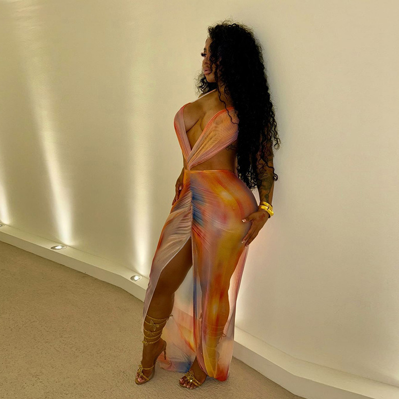 European and American Style Summer New Women's Sexy Halter Backless Tie Dye Printed Mesh Splicing Dress