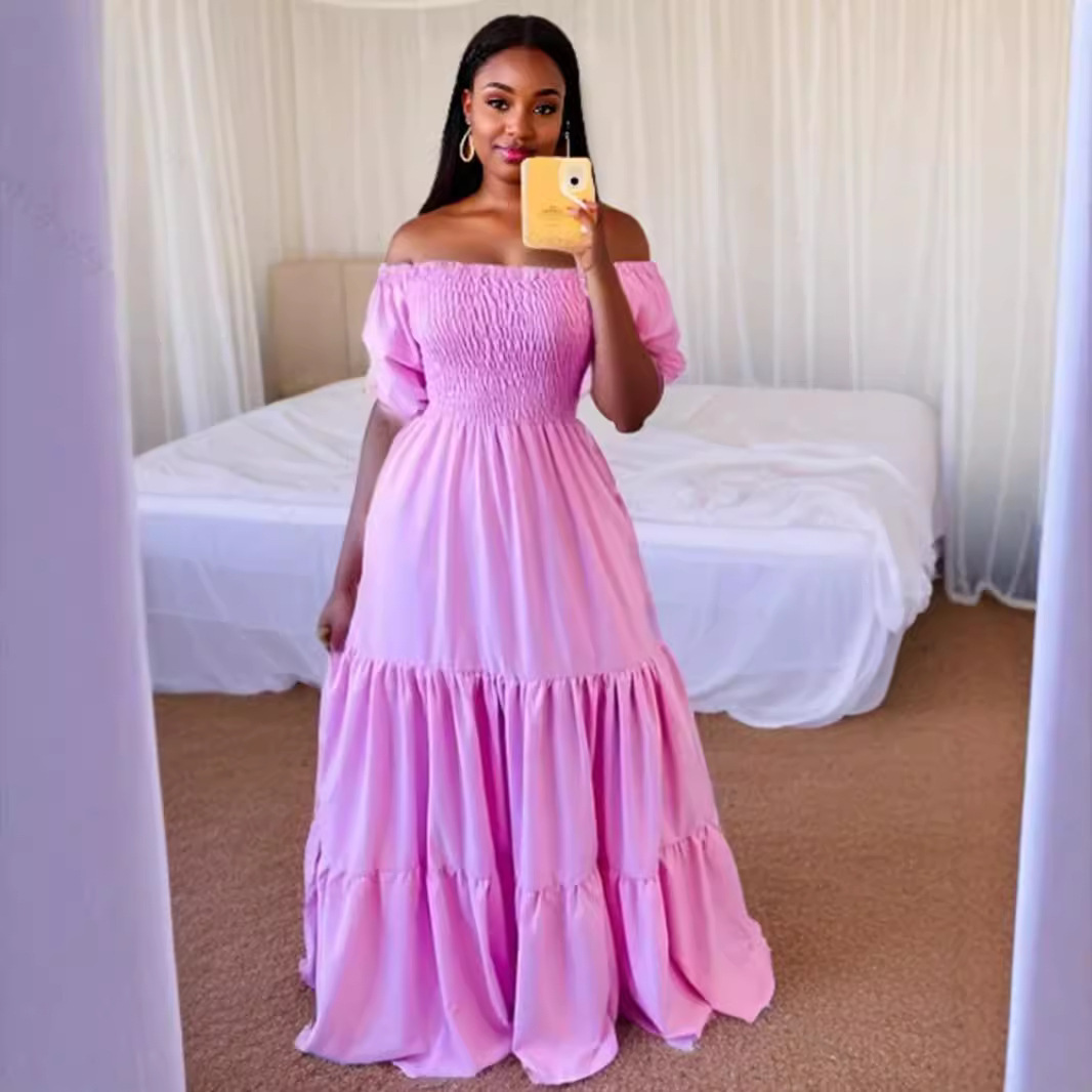 European and American Cross border Hot Selling Commuter Solid Color Square Neck Spliced Long Skirt Dress