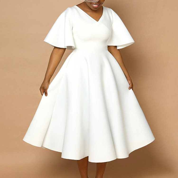 New Women's Dress with Flared Sleeves and V neck, Elegant Style, Big Skirt, European and American Style