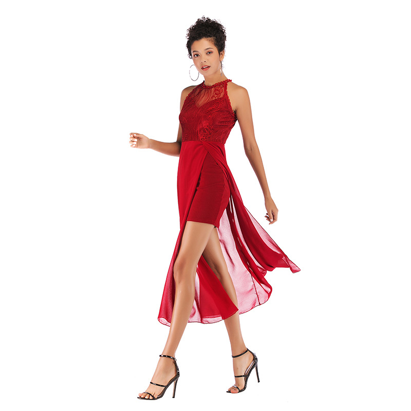 Chiffon Dress Sheer Panel Elegant Fit High Slit Flowy Hem Spring Summer Fashion Wholesale Available