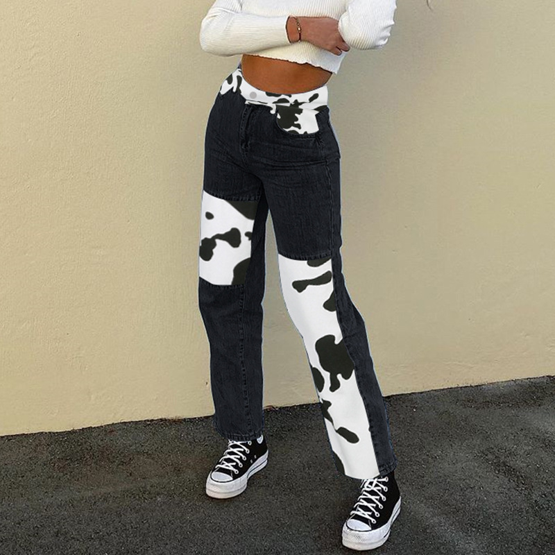 High Waisted Color Block Straight Leg Jeans Sexy Loose Fit Cow Print Design Casual Fall Fashion for Women Wholesale