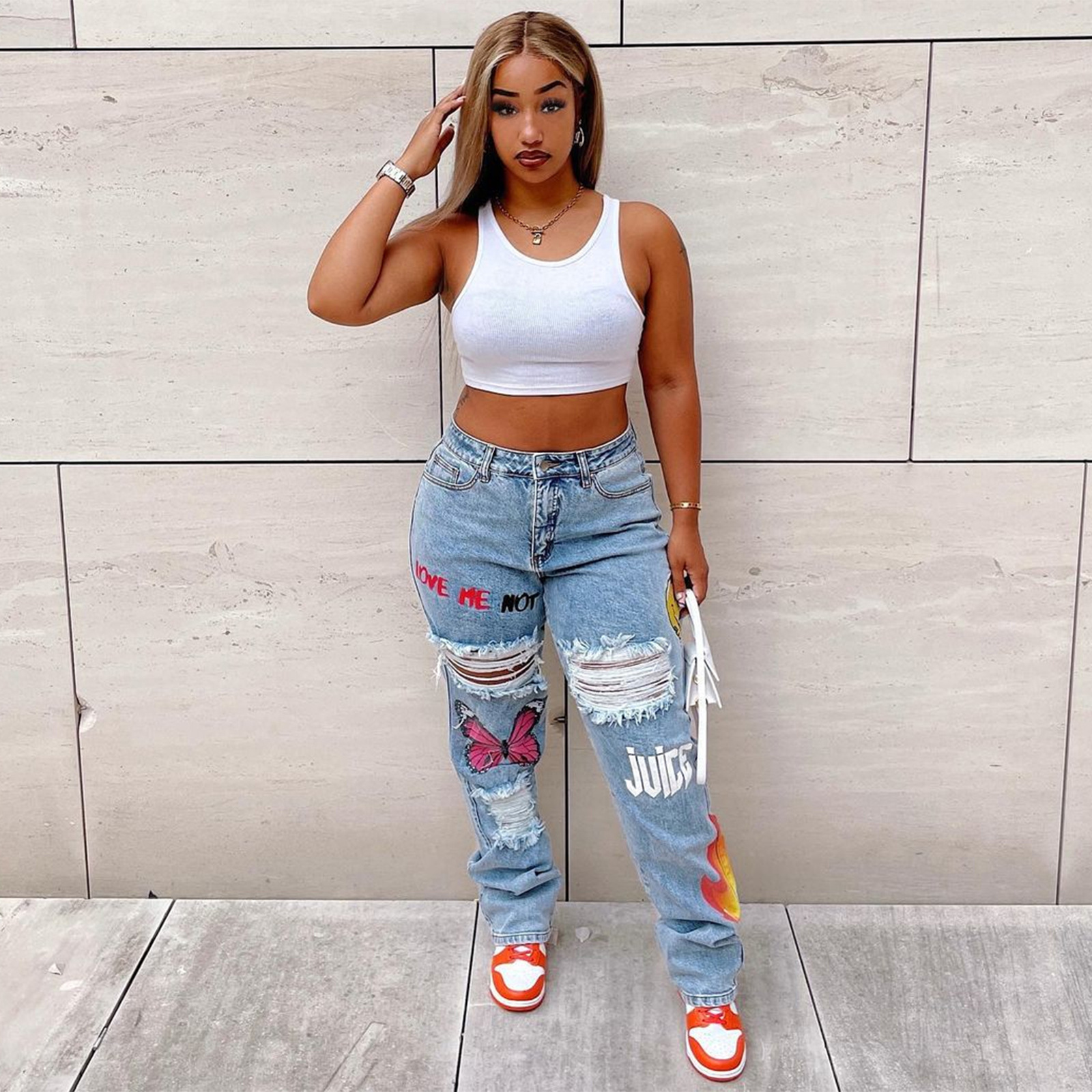 Fashionable Womens Distressed Denim Jeans Digital Print Sexy Style Casual Wear Wholesale Available