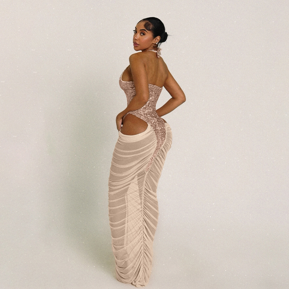 European and American Cross border Autumn and Winter New Women's Fashion Sequin Splicing Sexy Mesh Sheer Ruched Bodycon Dress