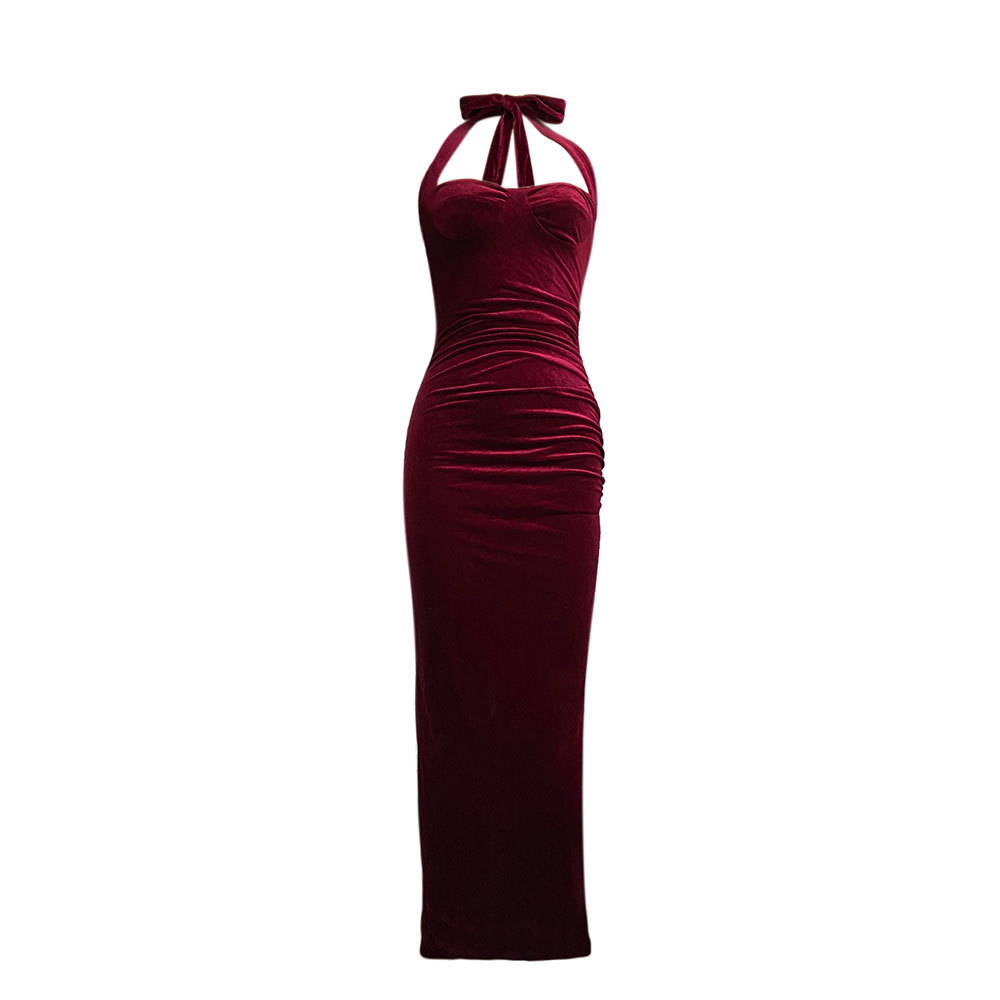 Cross border European and American Pure Desire Wine Red Dress Summer Fashion Celebrity Style Bodycon Long Dress
