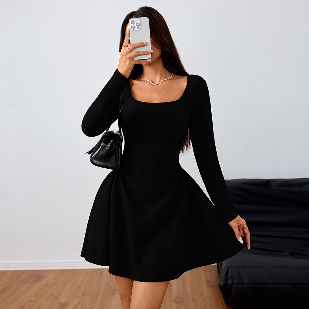 Autumn Winter New Style Elegant Square Neck High Waist Dress Short Skirt