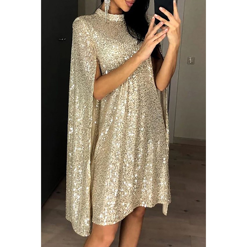 Sequin Evening Dress High Neck Cape Sleeves Elegant Design Perfect for Birthday Parties Wholesale Available