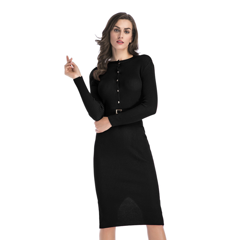 Button Front Bodycon Dress for Women Solid Color Slim Fit with Belt Casual or Formal Wear Wholesale Available
