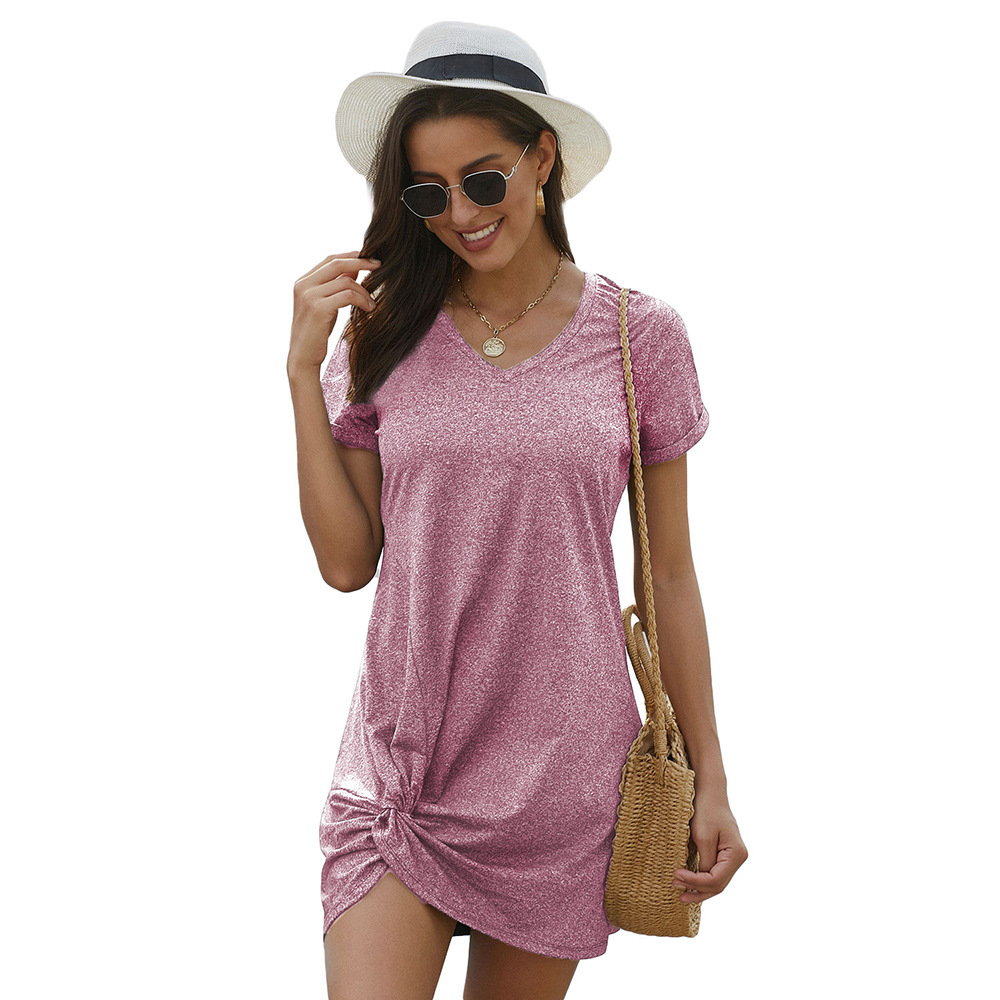Summer Womens Dress Versatile A Line Silhouette Round Neck Short Sleeves Side Knot Detail Casual Wear Wholesale