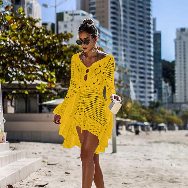 Irregular Deep V Sexy Hollow Out Knitted Beach Cover Up Dress Bell Sleeves Lightweight Fabric Summer Style Wholesale