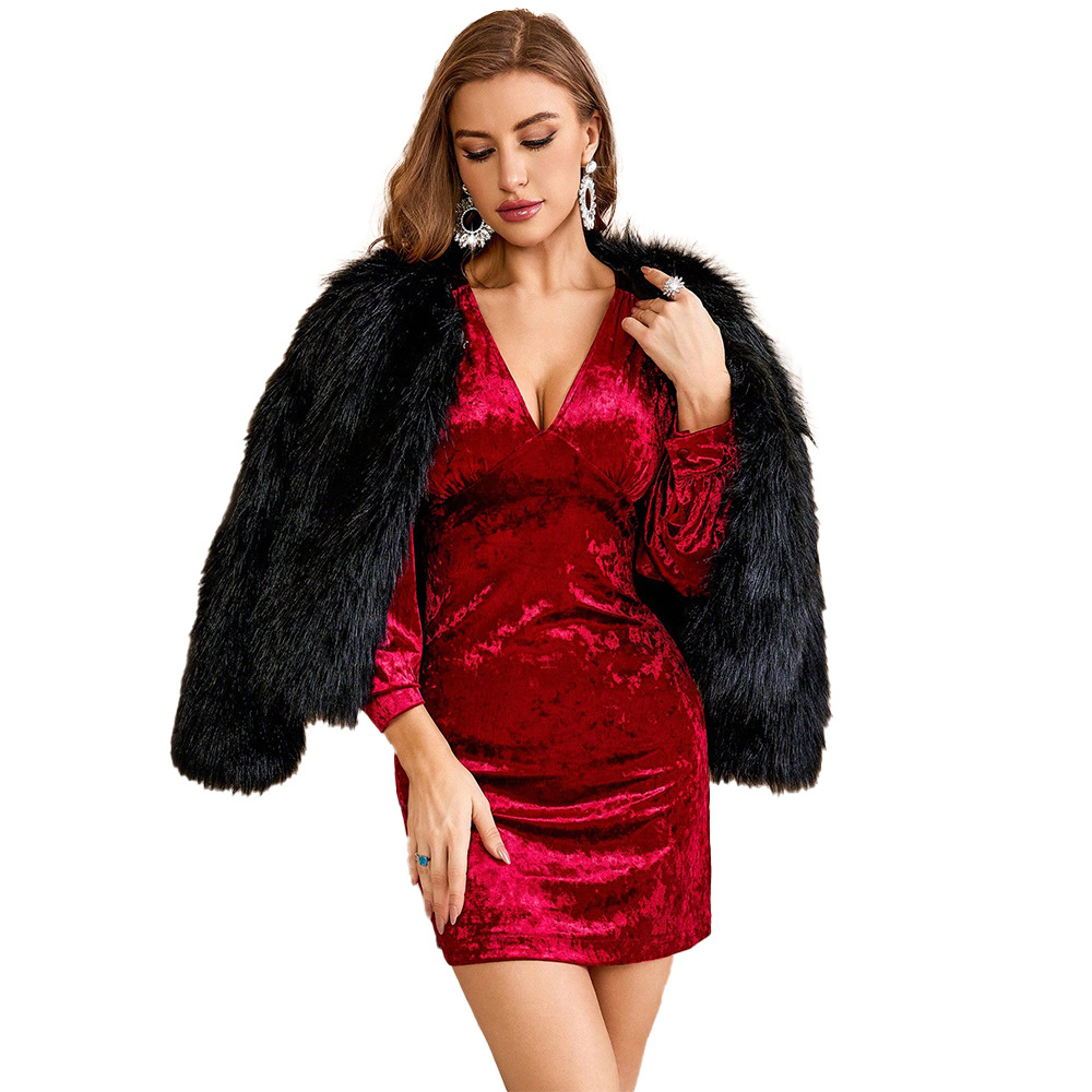Autumn Winter V neck Velvet Bodycon Short Dress Elegant Sexy V neck Party Dress