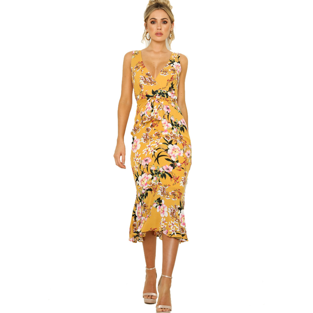 Summer Womens Dress V Neck Slim Fit Floral Print Ruffle Hem Casual or Party Wear Wholesale Available