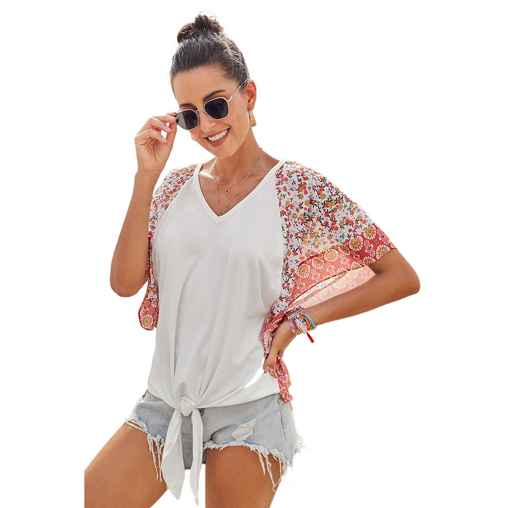 Summer Womens Loose T Shirt Short Sleeve Chiffon Patchwork Bell Sleeve Casual Wear for Everyday Wholesale Available