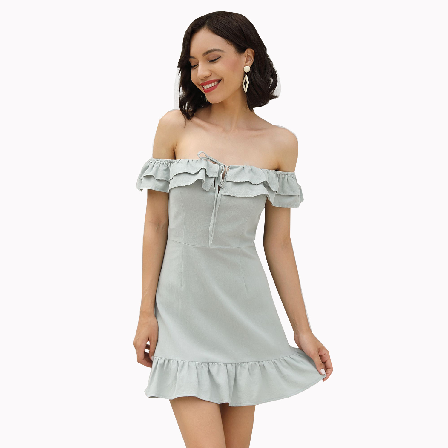 Summer Ruffle Off Shoulder Dress Slim Fit Vacation Style Lightweight Fabric Available in Multiple Colors Wholesale