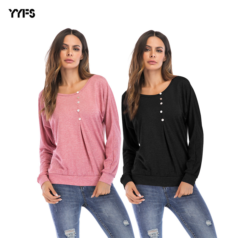 Womens Long Sleeve T Shirt Loose Fit Solid Color Button Detail Casual Wear for Everyday Use Wholesale Available