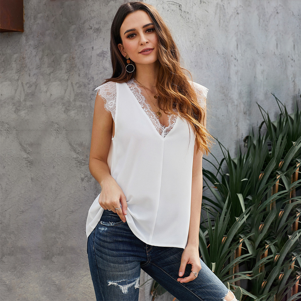 European Style V Neck Short Sleeve Lace Print Reversible Top Loose Fit Solid Color Versatile Wear Wholesale Available
