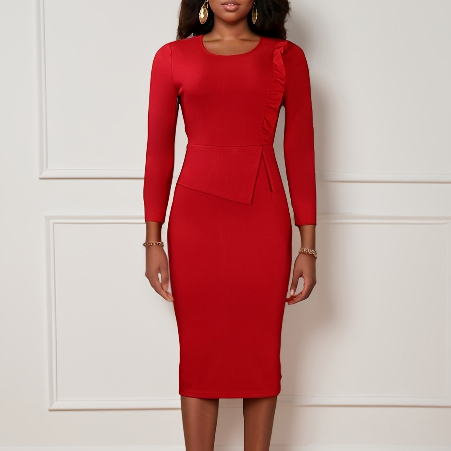 Plus Size Women's Spring Dress — Ruffle Trim, Solid Color, Round Neck, Bodycon Style — Office, Casual Wear — Wholesale Supply