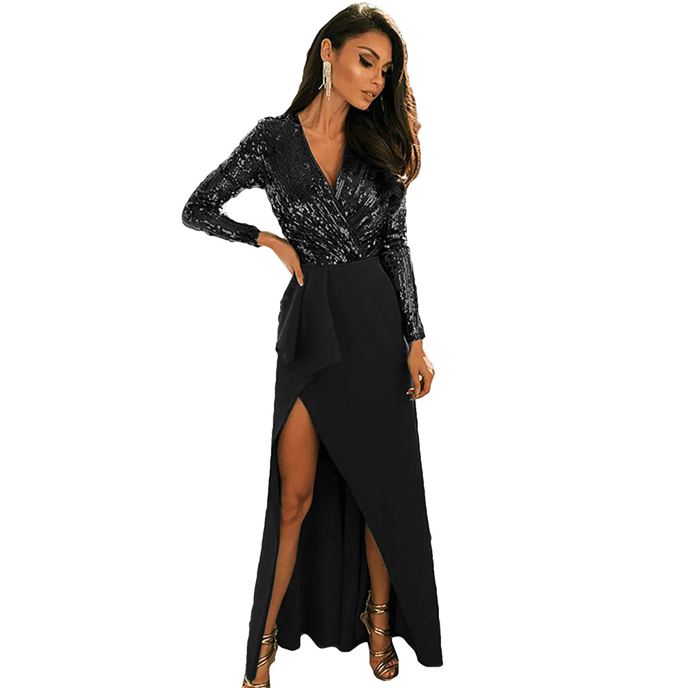 V Neck Long Sleeve Sequin Evening Dress Elegant Split Design Perfect for Parties and Gatherings Wholesale Available