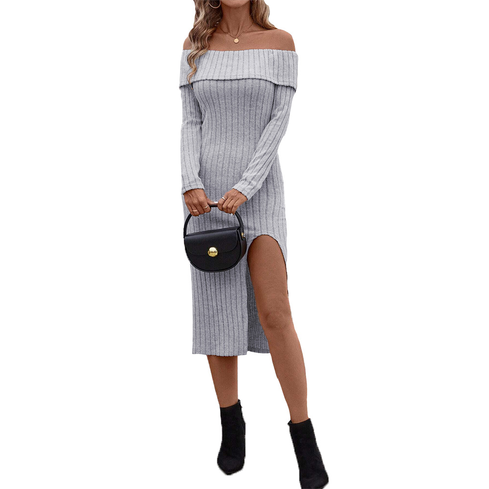Elegant Womens Midi Dress Slim Fit High Slit Autumn Winter Style Perfect for Formal Occasions Wholesale Available