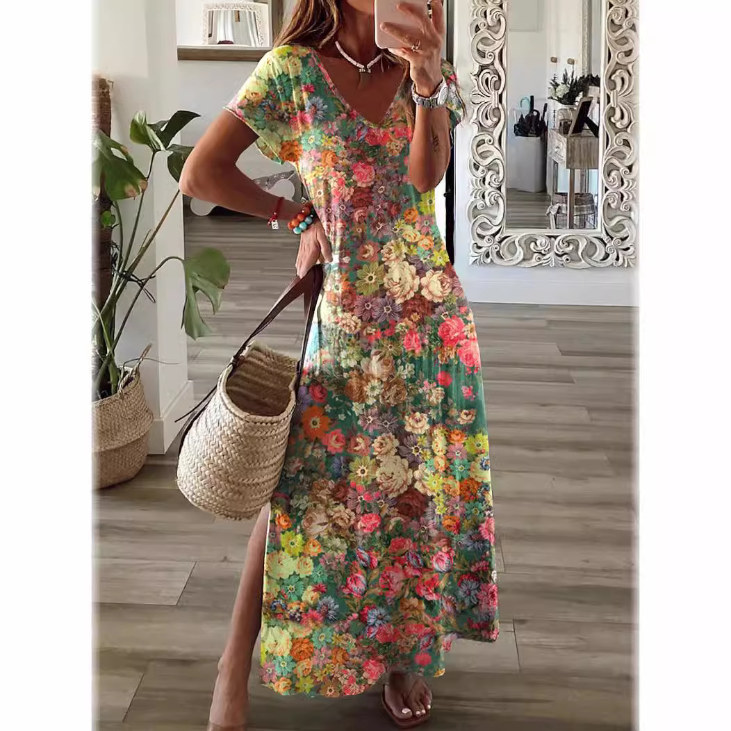 Womens Floral Casual Vacation V Neck Split Maxi Dress Lightweight Fabric Trendy Design Perfect for Summer Wholesale