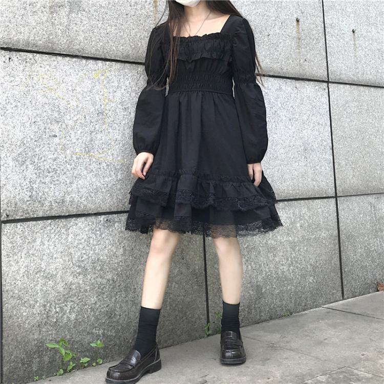 Lace Panel Puff Sleeve Little Black Dress Elegant Design Soft Luxury Autumn Fashion Available for Wholesale