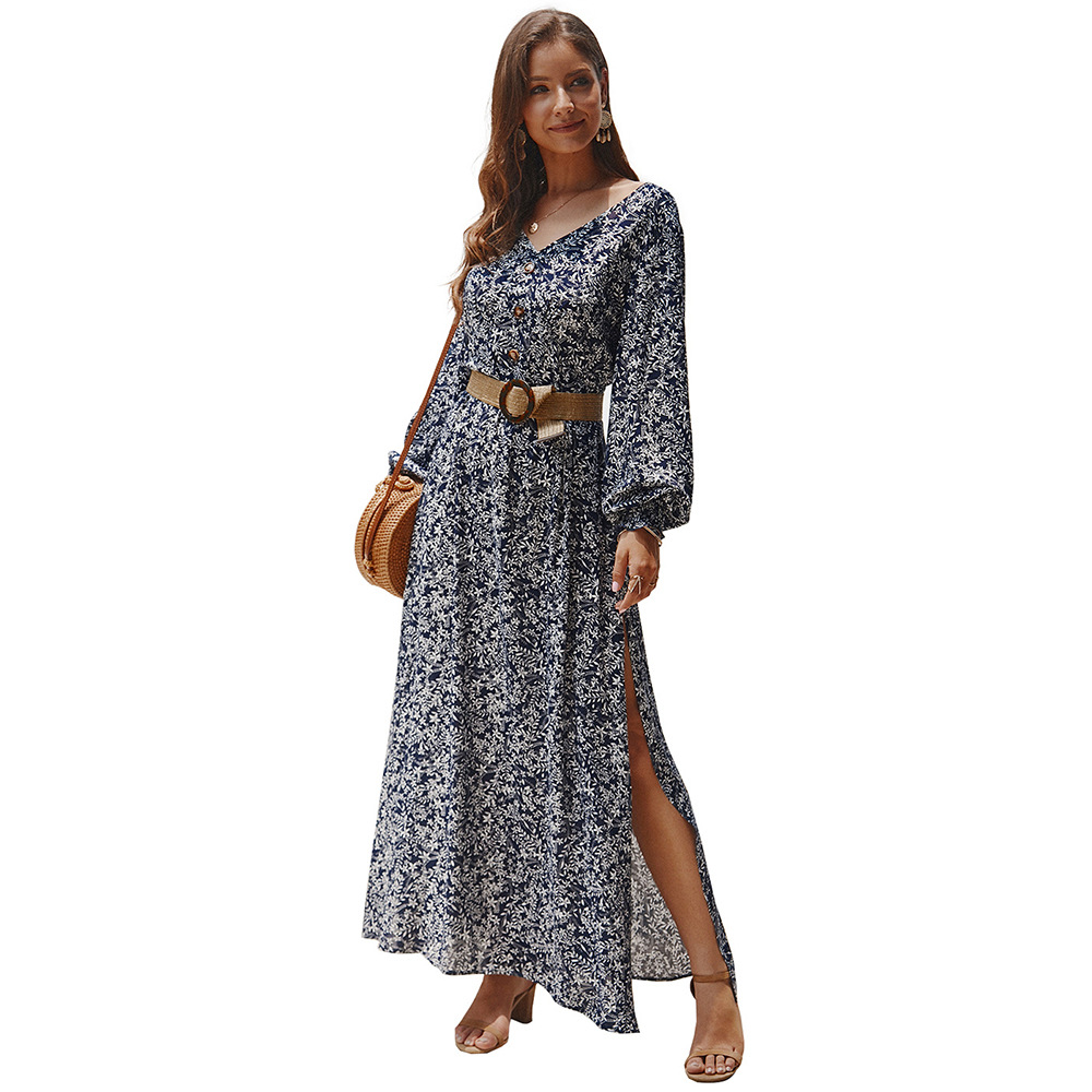 Floral Print Long Sleeve V Neck Dress Autumn Winter Style Casual Wear Ready to Ship bulk order