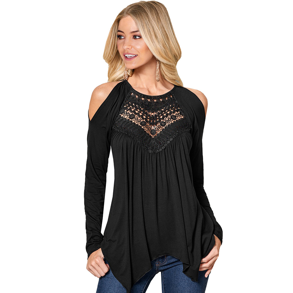 Womens Casual T Shirt Solid Color Lace Panel Slim Fit Round Neck Perfect for Everyday Wear Wholesale Available