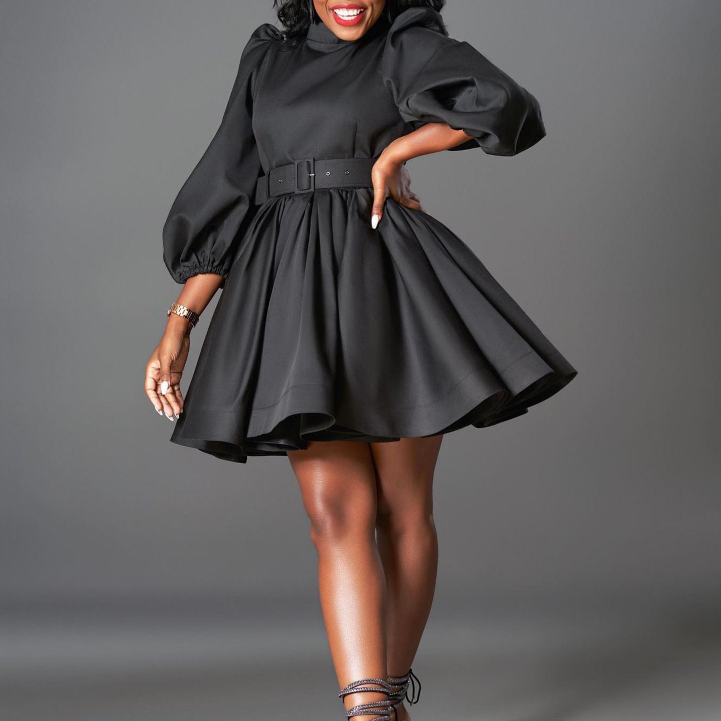 Fashionable Women's Dress with Puff Sleeves and Waist Cinching Design, Elegant European and American Style, New Arrival