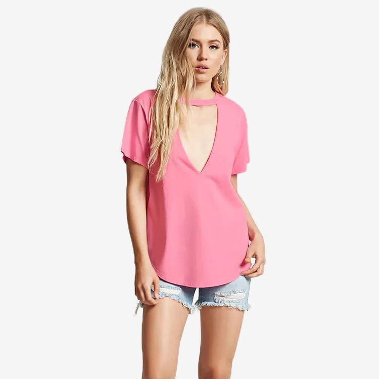Trendy Womens Summer T Shirt Loose Fit Low Cut Neckline Short Sleeve Solid Color Casual Wear Wholesale Available