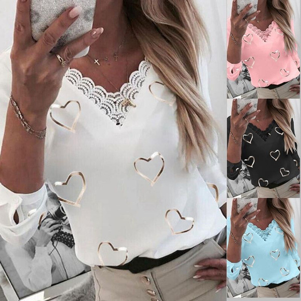 Heart Print V Neck Long Sleeve T Shirt for Women Summer Collection Casual Wear Ready to Ship Wholesale Available