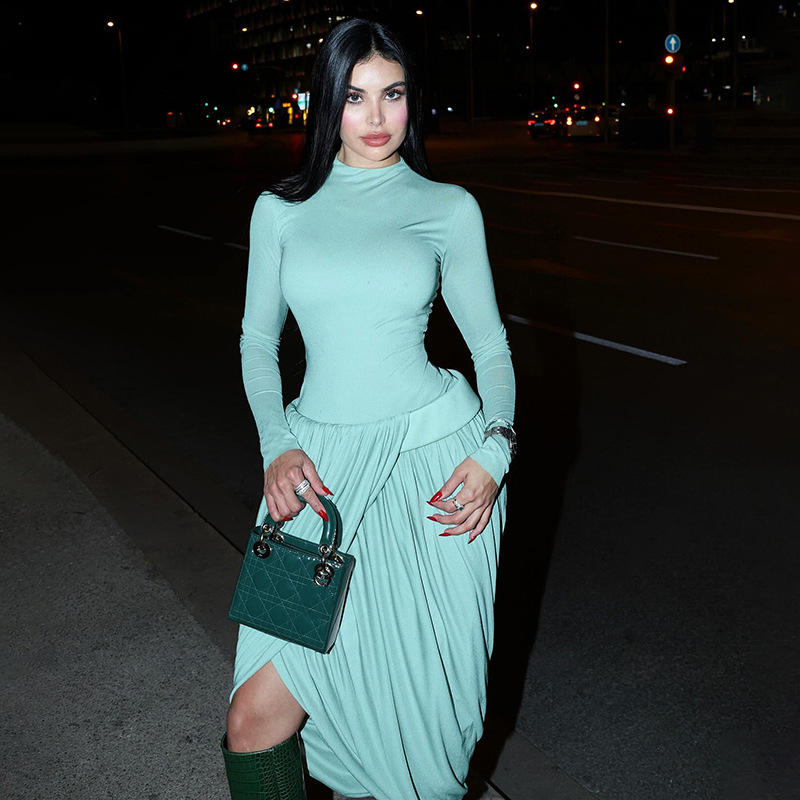 European and American Cross border Autumn and Winter New Women's Fashion Color blocking Solid Long Sleeve Slim Fit Ruffled Split Sexy Dress