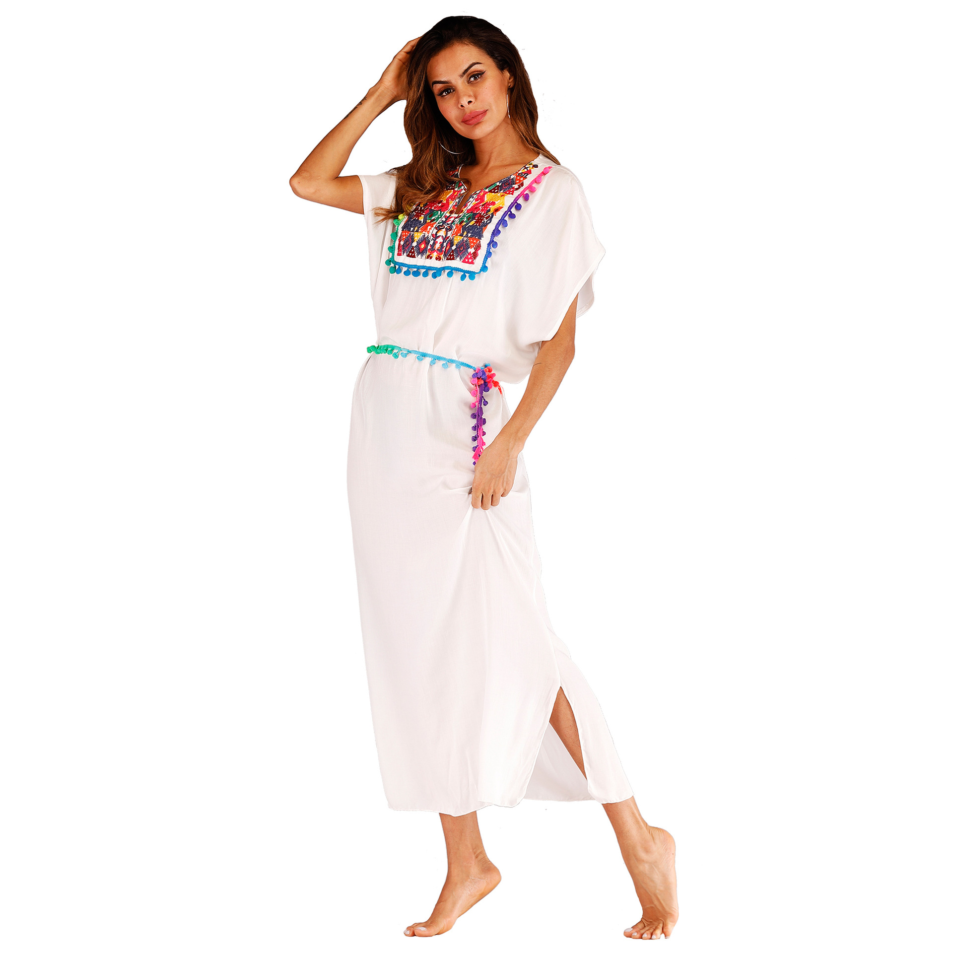 Embroidered Colorful Tassel Split Long Beach Cover Up Dress Stylish Bohemian Design Perfect for Summer Vacations