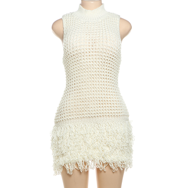 European and American Style Summer New Women's Fashion Sexy Sleeveless Fringed Hollow Slim Elegant Spliced Dress