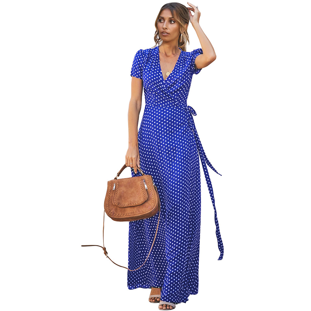 Womens Summer Dress Polka Dot Deep V Neck Short Sleeve Flared Hem Casual or Party Wear Wholesale Available