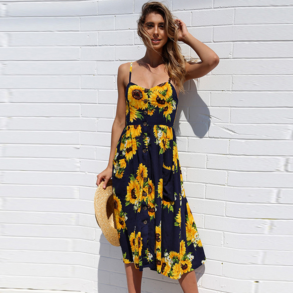 Bohemian Printed Midi Dress Summer Style Backless Design Adjustable Straps Perfect for Casual Outings Wholesale