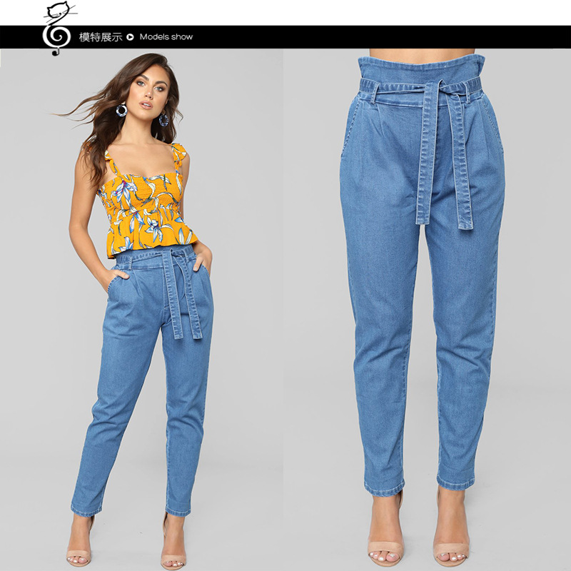High Waisted Denim Pants for Women Stylish Tie Design European and American Style Autumn and Winter Fashion Wholesale