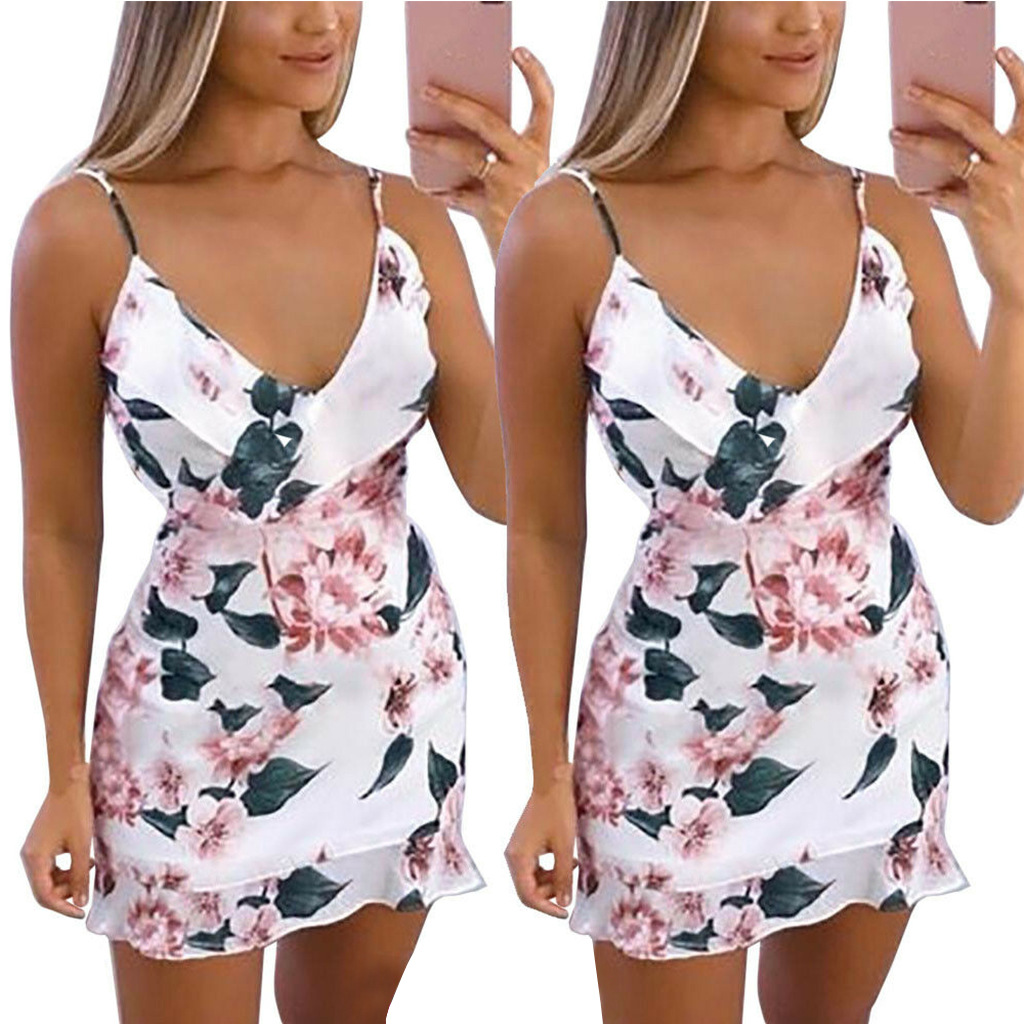 Summer Floral Print V Neck Sleeveless Dress Sexy Style Elegant Design Perfect for Parties and Casual Outings