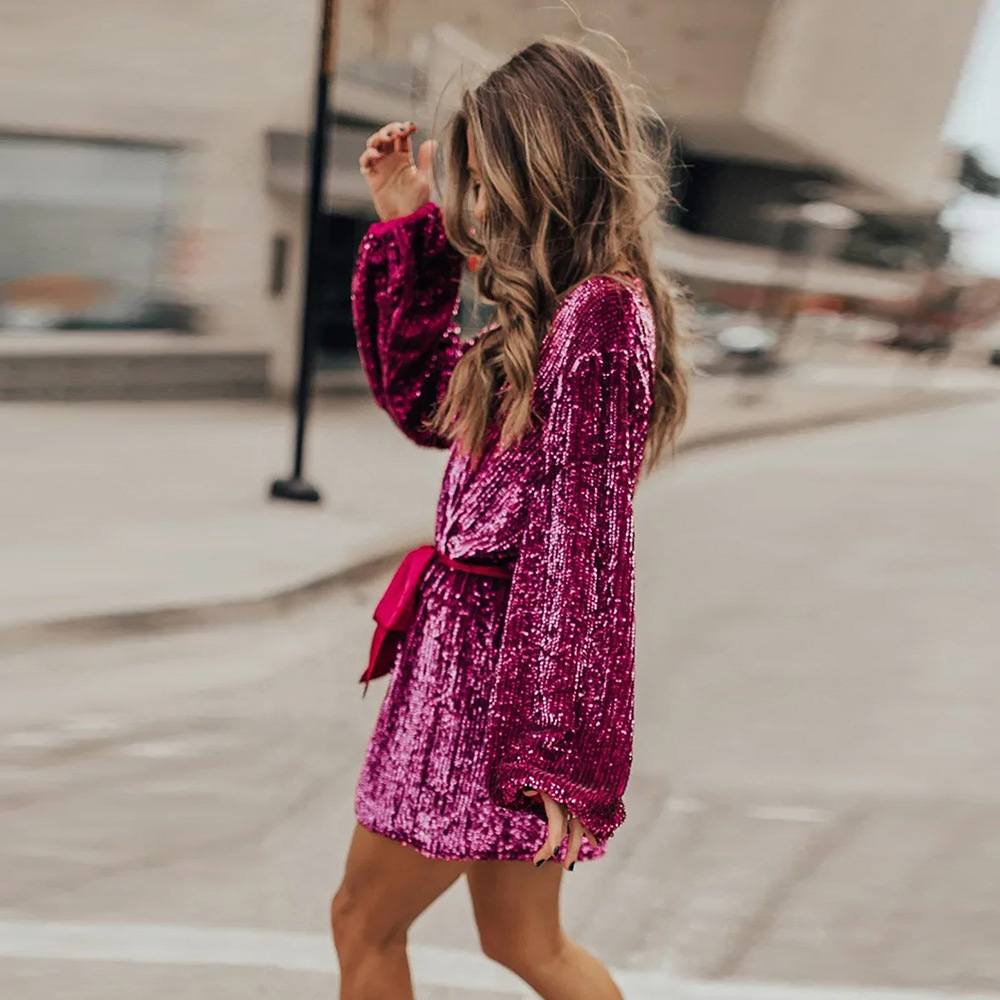 Sequin Mini Dress Deep V Neck Long Sleeve Wrap Style Winter Fashion for Parties Wholesale Available