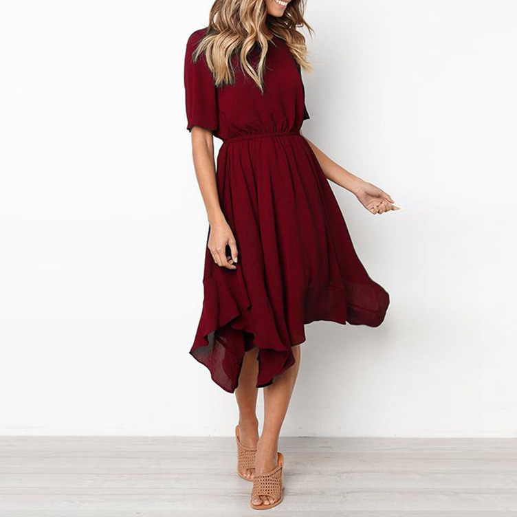 Irregular Waist Short Sleeve Dress Round Neck Casual Style Spring Autumn Fashion Wholesale Available