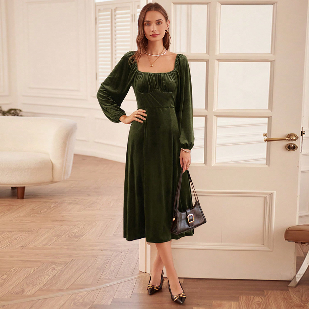 Autumn and Winter New French Retro Slim Fit Square Neck A line Dress Long Sleeve Velvet Dress