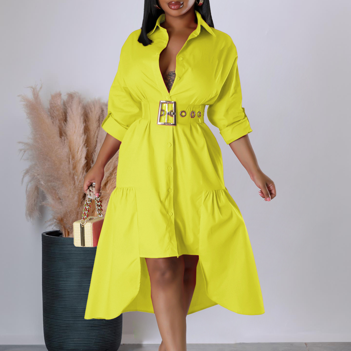 Fashionable Women's Loose Casual Button Up Shirt Dress with Lapel, Solid Color, Irregular Hem, European and American Style