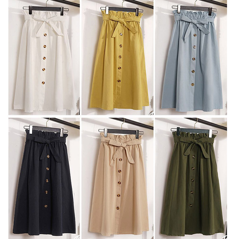 High Waisted A Line Midi Skirt Solid Color Button Closure Flattering Fit Spring Summer Fashion Wholesale Available