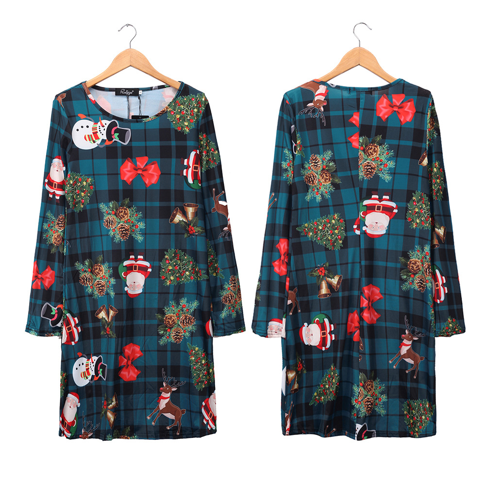 Christmas Cartoon Print Dress Long Sleeve Round Neck Comfortable Fabric Festive Occasion Wear Wholesale Available