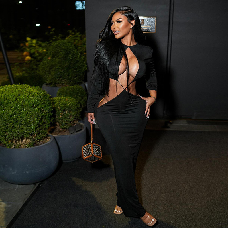 New Women's Winter Dress, Long Sleeve Hollow Out Bodycon Maxi Dress, Sexy Cut Out Waist Design for Trendy Fashionistas