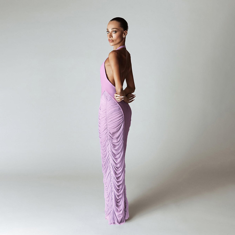 Summer New Women's Fashion European and American Cross border Sexy Halter V neck Spliced Mesh High waisted Long Dress