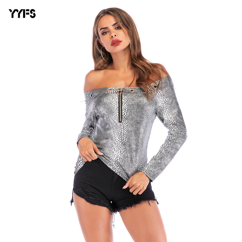 Womens Off Shoulder Zip T Shirt Slim Fit Snake Print Casual Style Perfect for Summer Outings Wholesale Available