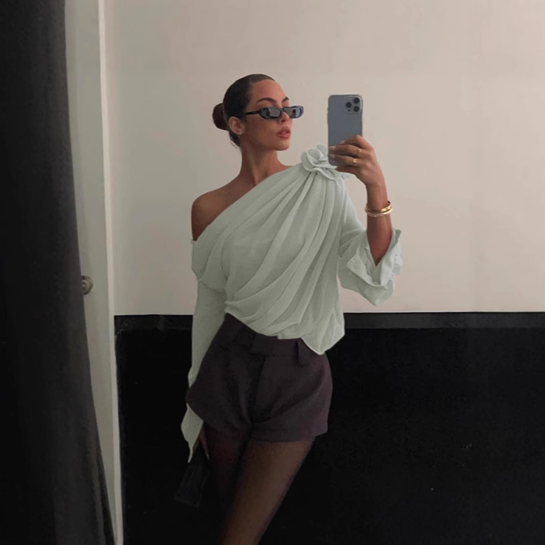 Womens Long Sleeve T Shirt Sheer Mesh Floral Embellishments Asymmetrical Shoulder Trendy Street Style Wholesale
