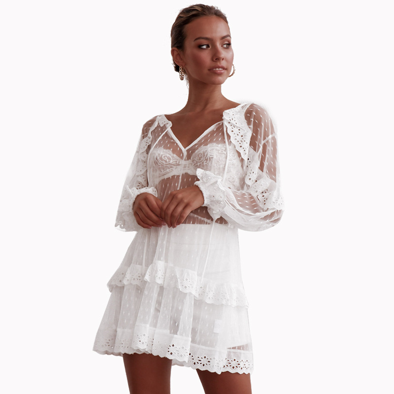 Lace Hollow Out Sun Protection Dress Long Sleeve Elegant Design Lightweight Fabric Perfect for Summer Events