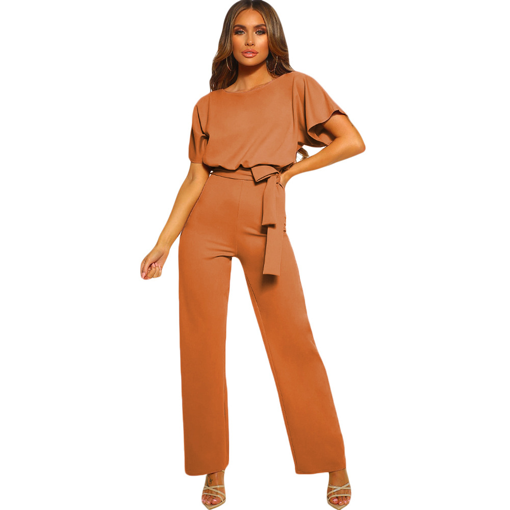 High Waisted Wide Leg Jumpsuit Solid Color Short Sleeve Tie Waist Casual Summer Wear Wholesale Available