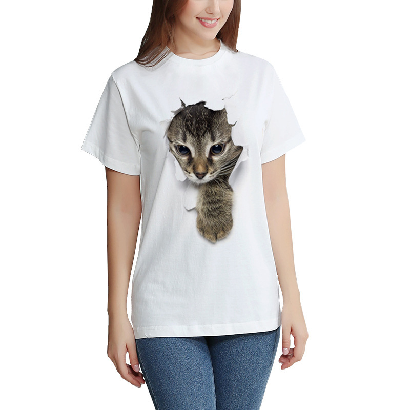 3D Printed Cat T Shirt Casual Summer Style Round Neck Short Sleeve Polyester Fabric Perfect for Couples Wholesale