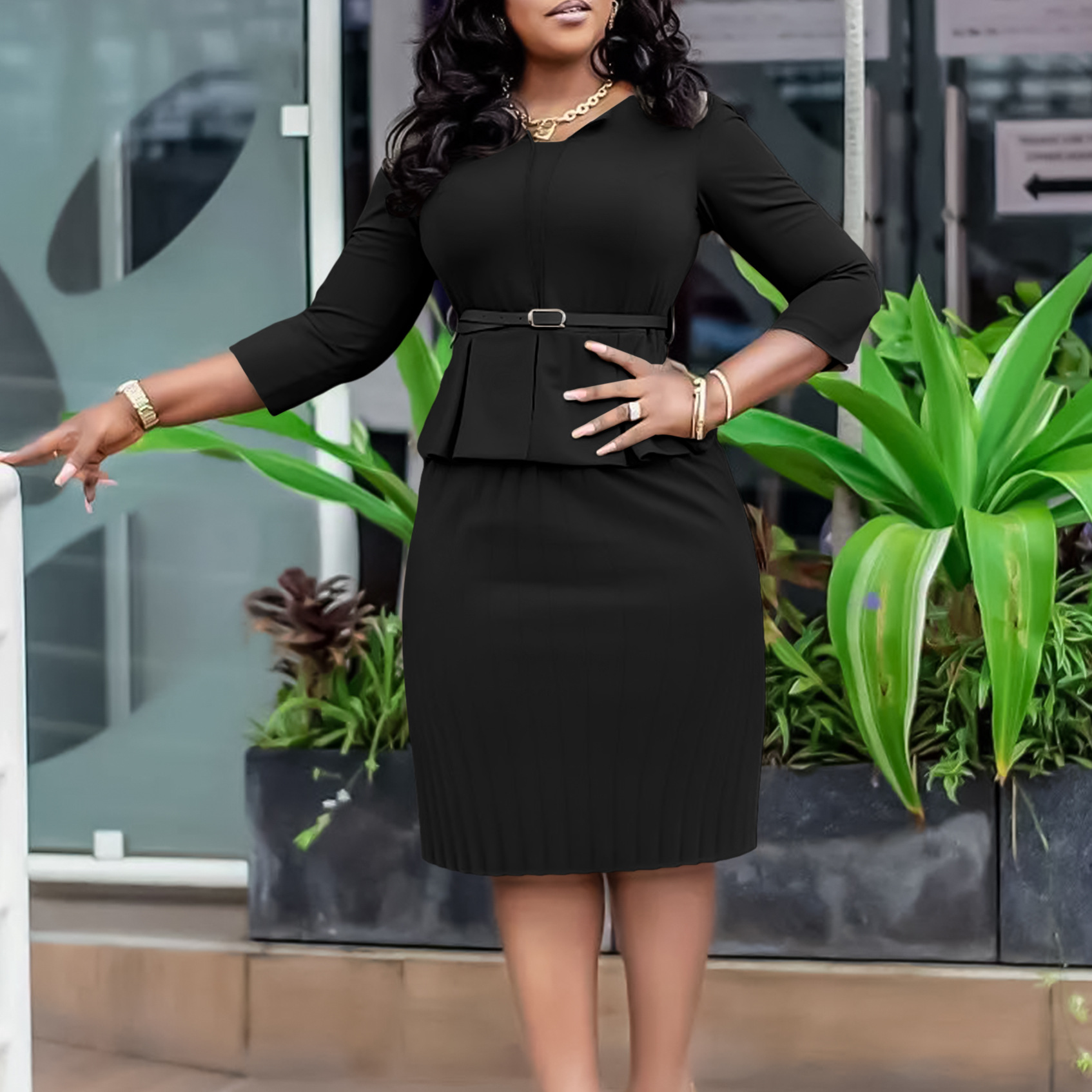 Women's V Neck Ruffled High Waist Pencil Skirt Dress for Winter, Slim Fit Office Commuter Style, Trendy and Elegant Design